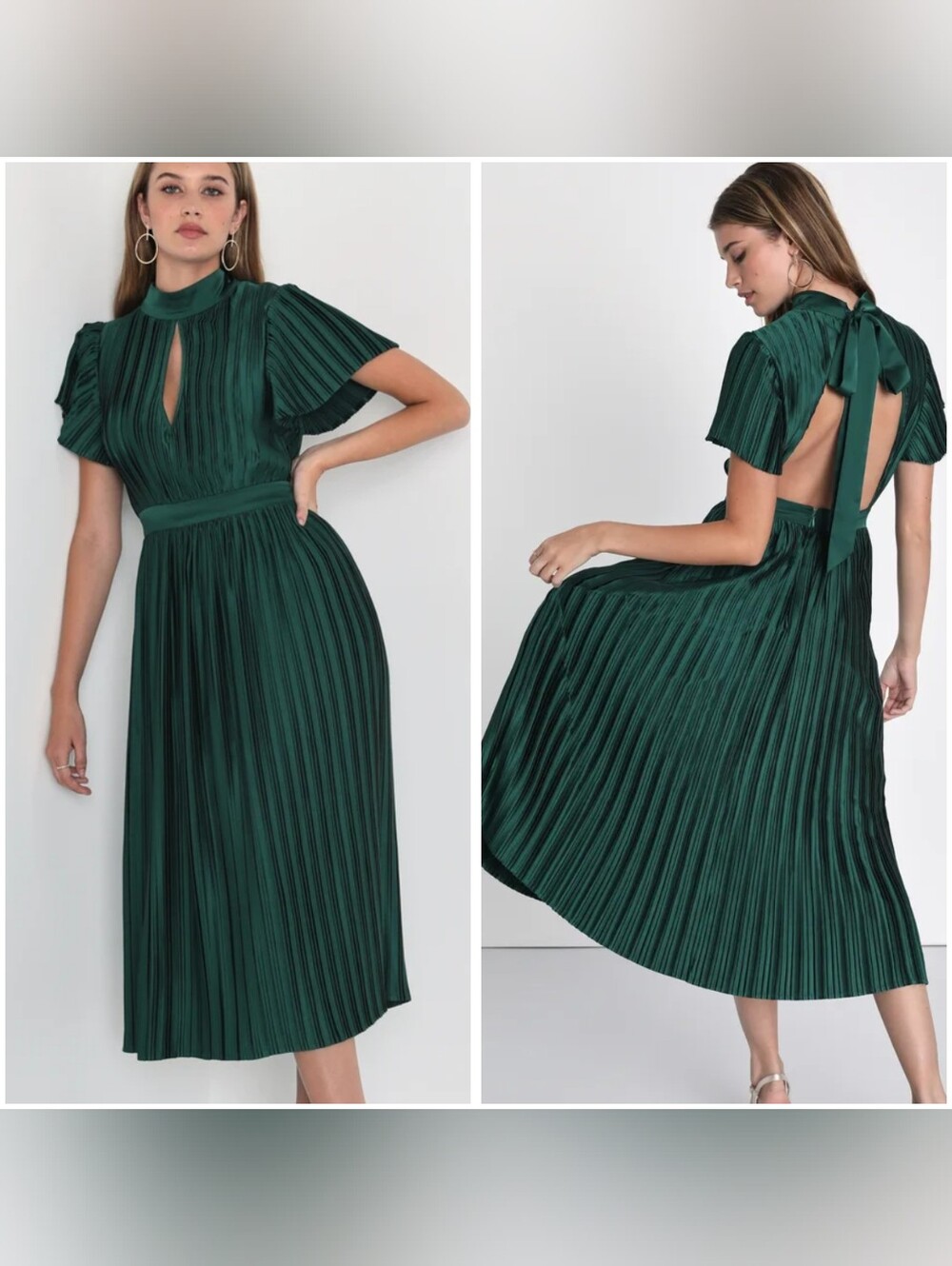 Lulus Radiant Reverie Emerald Plisse Midi Pleated Dress Open Back Key Hole